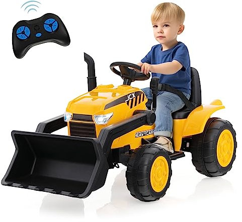 Maxmass Kids Ride on Bulldozer, 12V Battery Powered Electric Excavator with Adjustable Bucket, Remote Control, LED Headlights and Music, Toddler Construction Toy Car for 3-8 Years Old
