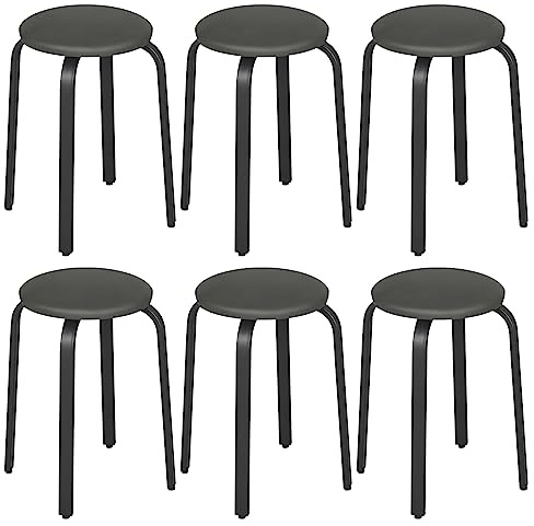 Lestarain 6er-Set Hocker stapelbar, Esszimmerhocker, Küchenhocker, Bürohocker mit Kunstlederbezug, Sitzhocker rund, Polsterhocker für Esszimmer Wohnzimmer, grau-schwarz, LCNI116001-6