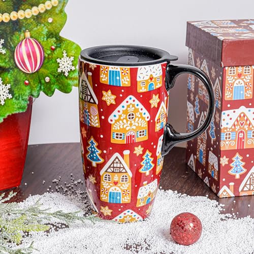 DUSVALLY Christmas Coffee Mug Coffee Ceramic Cups Latte Tea Mug with Lid and Gift Box 17oz.,Gingerbread House