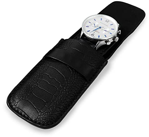 Papten Uhrentasche aus echtem Leder, tragbare Reisetasche für eine einzelne Uhr, Reisetasche für Reisen, Geschäftsreisen (Schwarz 2)