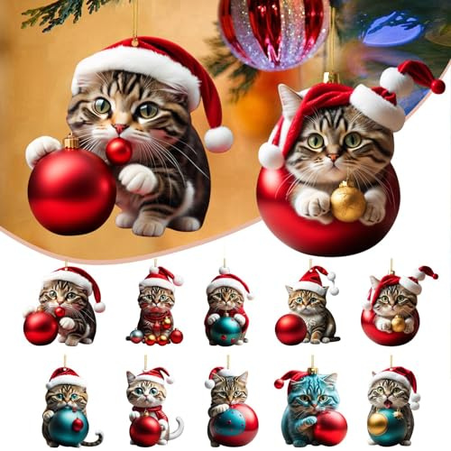 Weihnachtsdeko Acryl Katze Anhänger Weihnachtsanhänger Katzendeko Novelty Festive Hanging Cartoon Katze Deko Christbaum Figuren Anhänger Weihnachtsdeko Weihnachtsschmuck Geschenk (10PCS Red, One Size)