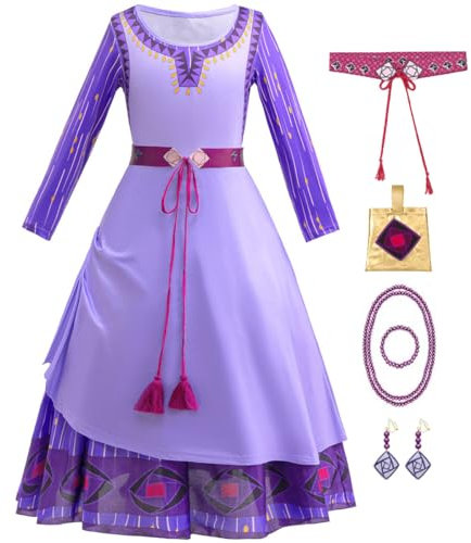 Snyemio Vestito Asha Bambina Wish Principessa Costume Viola Bimba per Carnevale Feste Compleanni, Viola, 5-6 Anni(Etichetta 130)