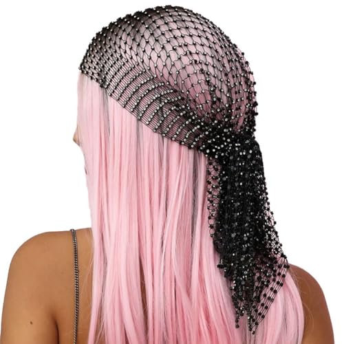 Wisafory Damen Strass Kopftuch Netz Stirnband Glitzer Hip Hop Turban Cap Elastisch Fischnetz Hijab Tiaras Kopftücher Haarbänder Hair Wraps Bandana Kopfschmuck für Frauen Mädchen Schwarz