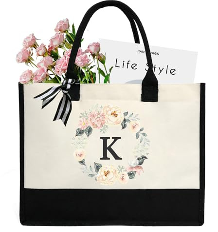 DWDC Sac fourre-tout en toile de 26 lettres de A à Z, sac cadeau personnalisé, adapté pour un mariage, un anniversaire, la plage, les vacances, est un excellent cadeau pour les femmes, les mamans