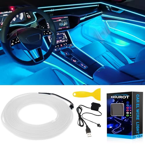 Keiurot El Wire Car Lights - Neon USB Ice Blue 5M/16Ft Car Ambient Lighting Strip LED Trim