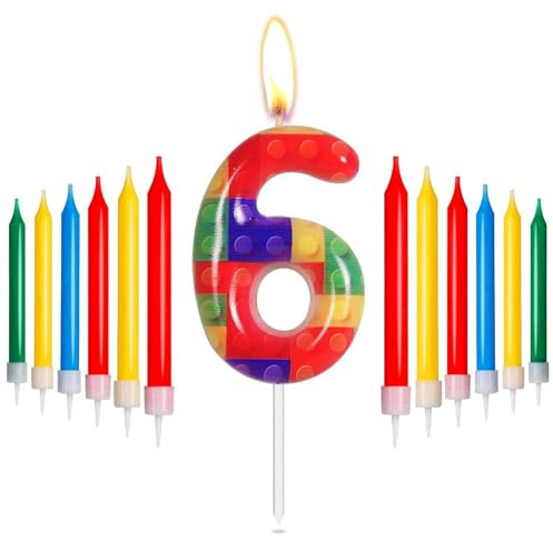 mciskin Bausteine-Geburtstagskerzen, rote, gelbe, grüne, Blaue Zahl 6-Kerzen für Kuchen, Pixel-Partykerzen, Bausteine-Motto-Geburtstagskuchenkerzen für Jungen und Mädchen, 6. Geburtstag, Dekoration