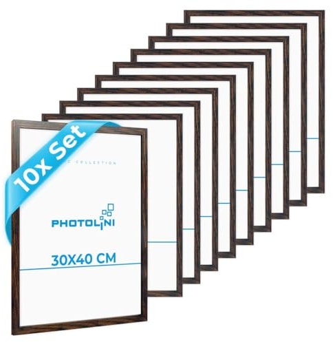 PHOTOLINI Bilderrahmen 30x40 Holz MDF Eiche Dunkel, 10er Set Bilderrahmen 40x30 cm, bruchsicheres Acrylglas, Rahmen 30 x 40 zum Aufhängen, extra Zubehör - Rahmen 30x40 für Fotos & Poster