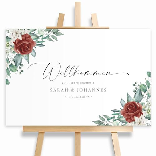 Willkommensschild Hochzeit Eucalyptus mit Rosen, mit Datum und Namen, personalisierte Hochzeitsdeko, Willkommen Schild, rot, Leinwand, 60x40, (HEI Print)