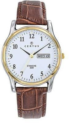 Certus Herren-Armbanduhr, Stahl, zweifarbig, Leder, Braun, 611302, weiß, Riemen