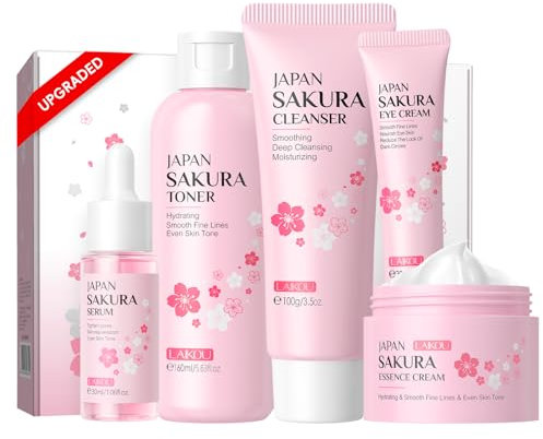 LAIKOU Sakura Ensemble de Soins du Visage, 5 Pièces Coffret Soin Visage Ado Fille, avec Nettoyant Visage,Toner, Contour Yeux, Sérum, Crème, Soins pour le Visage Coffret pour Adolescentes Femmes