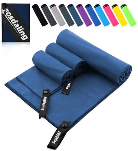 Fosdaling Mikrofaser Handtuch 3er Set(Groß 160×80cm und 2 Klein 80×40cm), Schnelltrocknend Microfaser Fitness & Sport Handtücher, für Strandtuch, Badetuch, Sporthandtuch und Reisehandtuch (Marineblau)