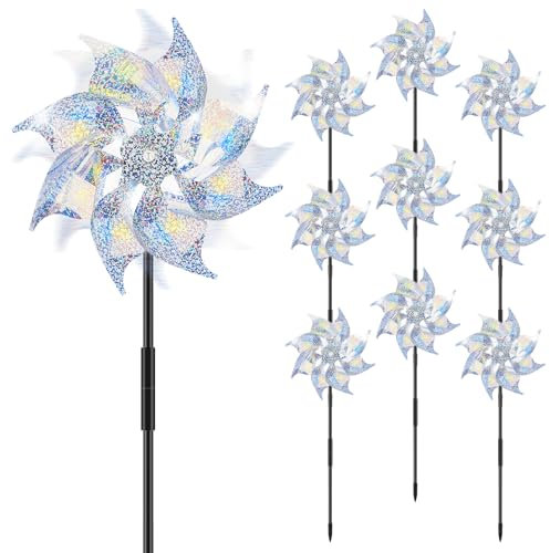 Lot de 10 moulins à vent réfléchissants multicolores - 50 x 19 cm - En plastique - Pour balcon, jardin, verger, cour, toit