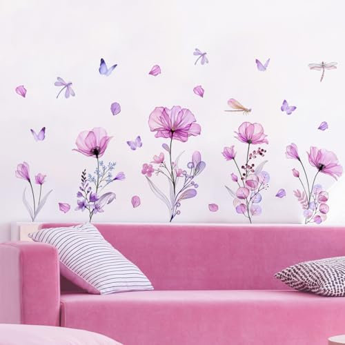HaoFuJi Selbstklebend Groß Wandtattoo Blumen Lotus Schlafzimmer Wohnzimmer Flur Wandsticker Schmetterlinge Wandaufkleber Pflanzen Gräser Deko Tapete Wanddeko Fensterbilder Deko