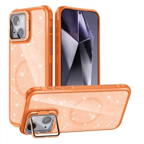 ATISIJIE for Iphone 15 PLUS Magnetic Case,Glitter Full-Body Shockproof Crystal Hard Acrylic Back Protective Cover with Stand for Women Girls-Orange