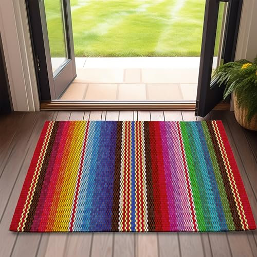 Front Door Mat,Mexican Indoor Outdoor Entrance Ethnic Stripes Rainbow Welcome Doormats,Non-Slip Low Profile Entryway Mats for Porch Patio 17''x30''