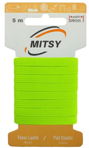 MITSY Reißfeste Gummiband Gummibänder zum Nähen Breit 10 mm 5 m Neon Gelb Stark Gummilitze für Hosengummi Haushalt DIY Handwerk Stoffe zum Nahen