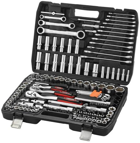 TEENO 151 Piezas Juego de herramientas con 1/4, 3/8, 1/2, Juego de herramientas Profesionales para el Auto con Llave de Trinquete con Doble Anillos, CR-V, para Trabajar en Bicicletas y Coches