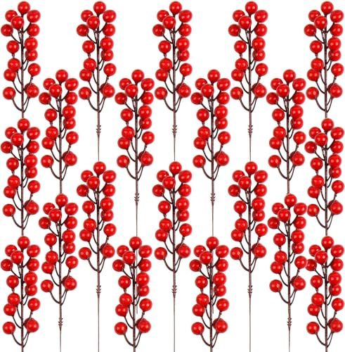DERAYEE Künstliche Dekoration mit roten Beeren, 20 Stück, 22 cm, Zweige mit roten Beeren, Stechpalmenbeeren, Weihnachtsdekoration, Winterdekoration des Hauses