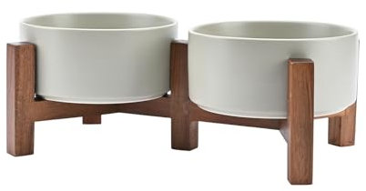 SPUNKYJUNKY Hundenapf Keramik Doppel Hund Futternapf Erhöhte Napf mit Akazienholz Ständer für Katzen und Hunde(850ml, Grau)