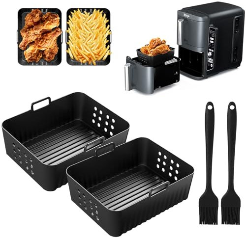 2 Paquet Moule Silicone Air Fryer pour Ninja Double Stack XL SL400EU, Accessoires Air Fryer, Plat Silicone Air Fryer pour Foodi Max Dual Zone 9.5L AF400EU AF300EU 7.6L, avec 2 Pinceaux en Silicone