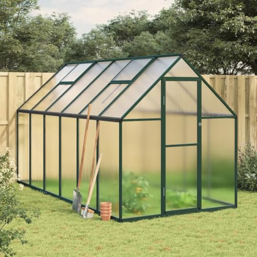 IKAYAA Gewächshaus Aluminium mit Fundament Gartenhaus Winterfest Gewächshaus Glas Glashaus Garten Tomatenhaus Frühbeet und Pflanzenhaus 334 x 169 x 195 cm Grün und transparent