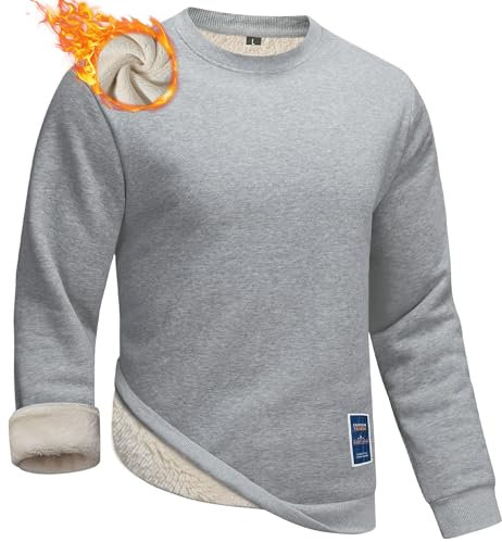 Yageshark Felpa da uomo in pile invernale, foderata, girocollo, sport, a maniche lunghe, basic caldo, maglione invernale, grigio chiaro, M