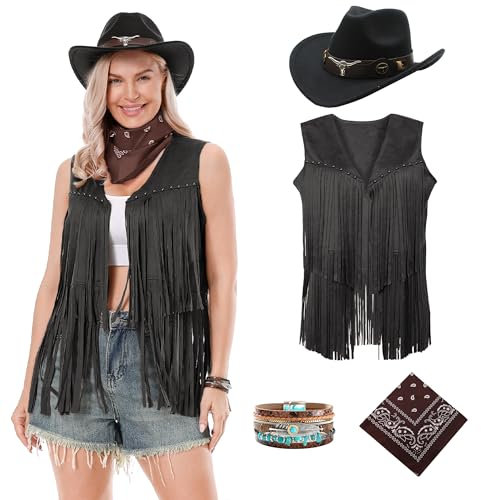 Dzorim Cowgirl Kostüm Damen Western Cowgirl Hut Cowboy Outfits Damen Mädchen mit Hat Scarf Wristband für Karneval (Black, M)