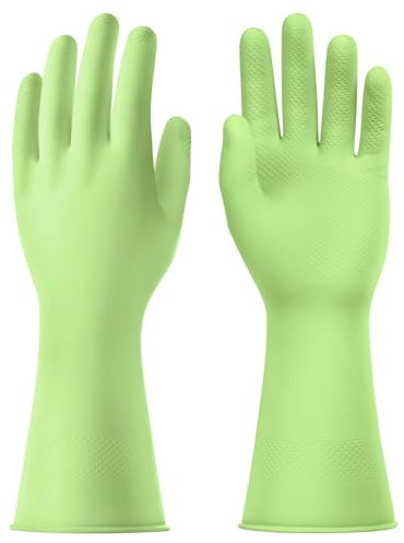 AUAUY 1 Pairs Reusable Washing up Gloves, Rubber Odorless Cleaning Gloves, Non-Slip and Waterproof Household Dishwashing Gloves with Embossed Palm for Kitchen Cleaning, Laundry, Gardening (Green, S)