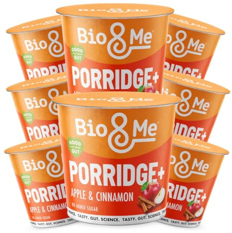 Bio&Me: Apple and Cinnamon Gut-Loving Porridge 8-Pack (8 x 65g pots) - High in Fibre, Low Sugar - On The Go Breakfast