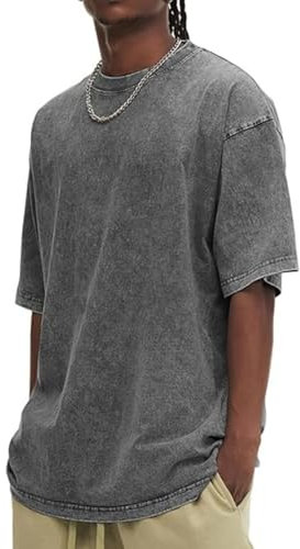 Oversized Tshirts for Men Tshirts for Men UK Acid Washed Short Sleeve Round Neck Tops Heavyweight Cotton Tees Vintage Baggy Tops Loose Fit Summer Clothes Casual Loungewear Plus Size S-5XL Gray