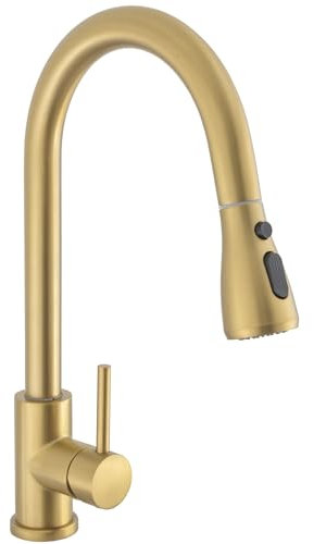 VALAZ Robinet Cuisine Douchette Doré | Mitigeur Cuisine avec Douchette Haute Pression, Rotatif à 360°, Pas de Fuites, Installation Facile et Rapide | Laiton, Acier Inoxydable, Série Eco Parana