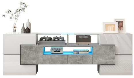 Azkoeesy Hochglanz-TV-Schrank Lowboard mit LED und Glas tischplatte, Moderne TV-Kommode Sideboard mit 2 Schubladen und 4 Türen (Hochglanzweiß und Grau)
