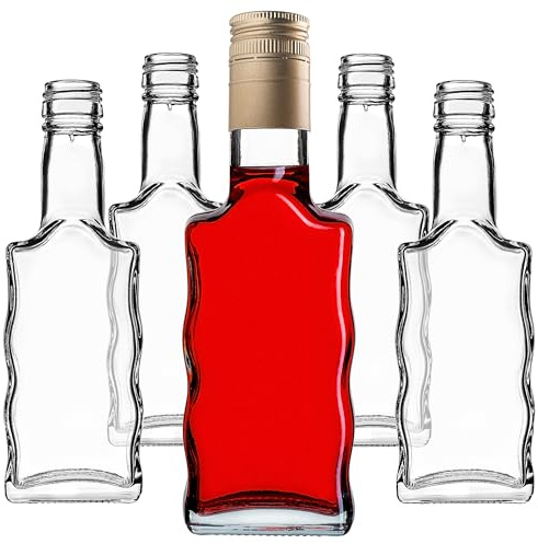 KADAX Glasflaschen 200ml, 5 Stück, leere Flaschen mit Schraubverschluss, kleine Likörflaschen zum Befüllen, Weinflaschen aus Glas, Schnapsflaschen (Gold, Lang)