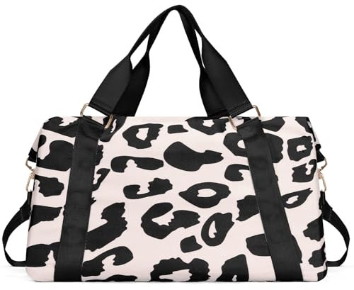 Outplea Leopard Print Travel Duffel withTrolley Sleeve, 20L Gym Bag with Wet Pocket, Carry On Luggage Overnight Weekend Bag, Holdall Handbag & Shoulder Bag for Travel Fitness Yoga Dance, Black