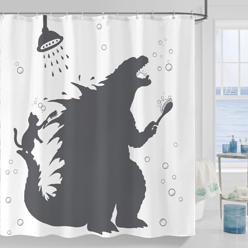 Accnicc Lustiger Dinosaurier-Duschvorhang, lustige coole Katze, japanisches Monster, Duschvorhänge für Badezimmer, Kinder, Jungen, einzigartige Dino-Silhouette, Schatten, wasserdichter Stoff