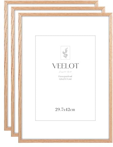 Veelot® 3x Bilderrahmen DIN A3 29.7x42cm,Natur Holz Eiche,Passepartout 21x30cm,Zertifikatsrahmen 30x42cm mit bruchsicherem Acrylglas | Holzbilderrahmen Poster Echtholz
