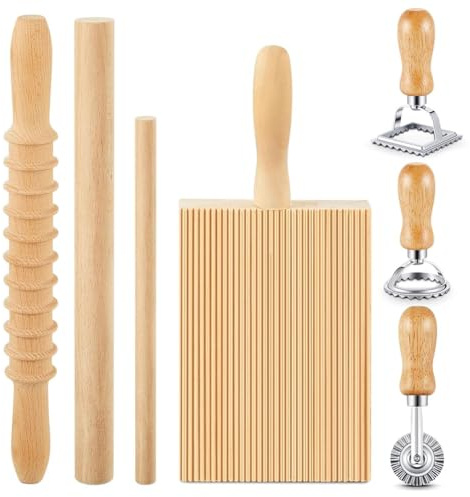 Exogio 7-Teiliges Nudelherstellungs Werkzeug, Gnocchi-Brett Aus mit Ravioli-Stempel Knödelmacher und Nudelholz-Set, Pasta Maker Set, Nudelmaschine für Hausgemachte Pasta