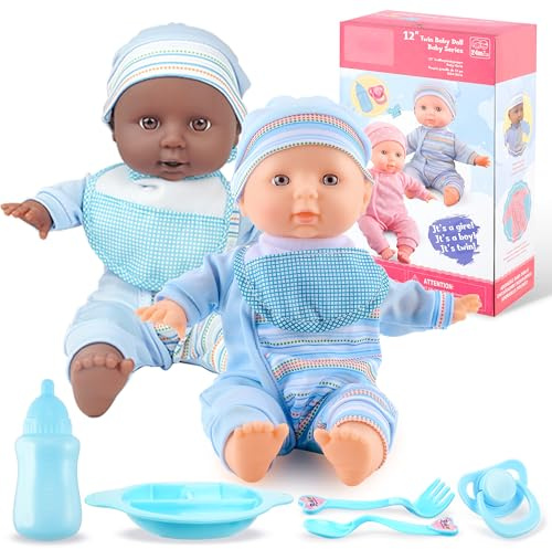 Toy Choi's Twin Puppe Set - 32cm Baby Puppen Für Kleinkinder ab 1 Jahr, mit Strampler und Hut, Schnuller und Puppenlätzchen, weiches Babypuppen Spielzeug Vorschulgeschenk | Blaues Outfit Puppen-Set