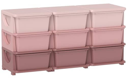 HOMCOM 9 Drawers Plastic Storage Units, 3 Tier Kids Storage Units, Children Toy Chest for Nursery, Playroom, Bedroom, Pink