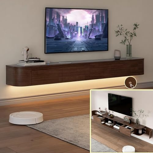 XDXINY Schwebender TV-Ständer, Massivholz Wand-TV-Regal mit Tür, TV-Medienkonsole, Wandmontierter TV-Schrank mit großem Stauraum, TV-Bank für unter den Fernseher (Braun+LED, 240 * 30 * 20CM)