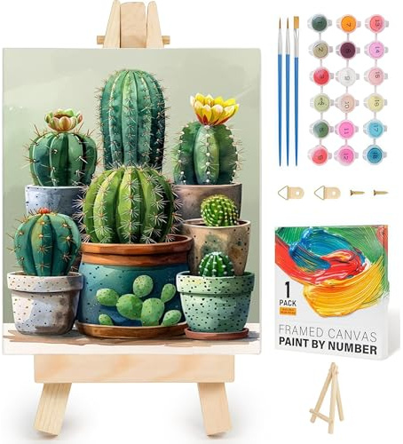 Malen Nach Zahlen Erwachsene mit Rahmen-Malen nach Zahlen Erwachsene Anfängermit Holzstaffelei-Kaktus Painting by Numbers für Geschenk Home Wand Décor 20x30 cm