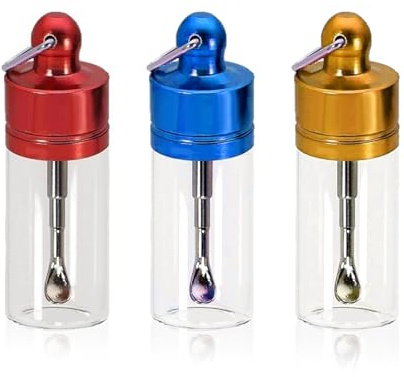 ShiningUU Snuff Bottle with Spoon 3-Pack Mini Glass Containers with Keychains | 6cm Portable Spice and Sugar Storage Jars for Kitchen & Home Use (Red, Gold, Blue)​