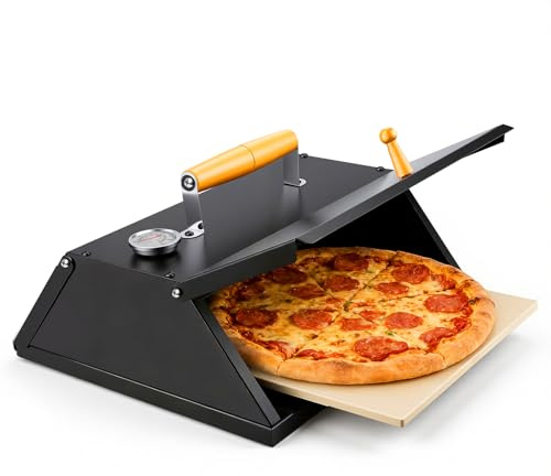 Pizzaofen, Stahl Pizzaaufsatz mit Pizzastein, BBQ-Pizzaofen mit Temperaturanzeige für Holzkohlegrills und Gasgrills, Perfekte Steinofen-Pizza wie beim Italiener, ca. 40.3 x 36 cm x 22 cm