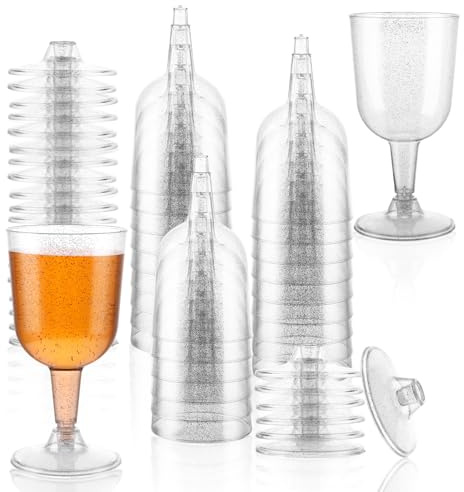APACALI Lot de 100 verres à vin en plastique avec paillettes argentées - 160 ml - Verres à vin transparents - Pour mariage, anniversaire, Noël, pique-nique