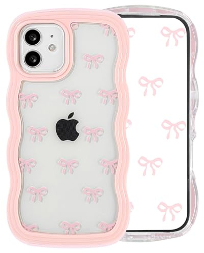 Riccase for iPhone 11 Case Bow Curly Wave Frame Phone Case, Shockproof Clear Soft Transparent Silicone Protective Bumper Cover for Women Girls, Pink