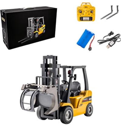 Quibuilds Ferngesteuerter Gabelstapler für Erwachsene, 1/10 Maßstab Metall RC Stapler mit Gabel und Schaufel-Greif-Anbaugerät, RC Baufahrzeuge Modelle Geschenk für Techniker