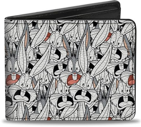 Buckle-Down Men's PU Bifold Wallet-Bugs Bunny Expressions Stacked White/Black/Gray, Multicolor, 4.0 x 3.5, Multicolor, 4.0 x 3.5