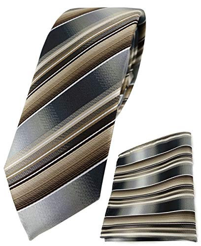 TigerTie - schmale Designer Krawatte Designer Einstecktuch in braun beige silber anthrazit grau gestreift - Krawattenbreite 6 cm