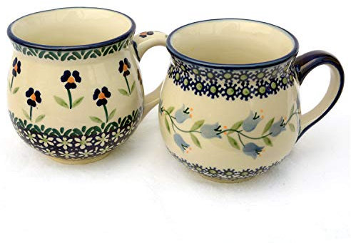 Bunzlauer keramik Original Becher, Kugelform 280 ml, im Set zu 2 Stück (Dekore Agnes und Angelika)