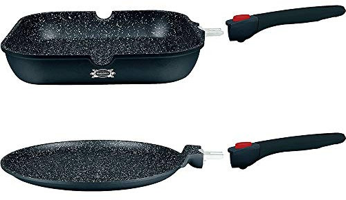 HAUSSMANN heritage-Poêles à Crêpière 28 cm - Manche Amovible - Fonte d'Aluminium - Revêtement type pierre - Tous feux dont induction - Sans PFOA (Poêle à crêpes 28cm+Poêle Grill 28cm)